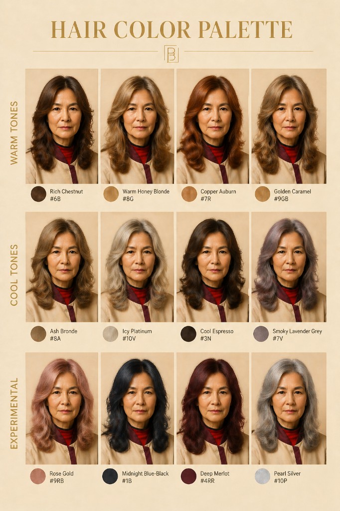 发色调色板画册页：暖调、冷调与实验色对比。