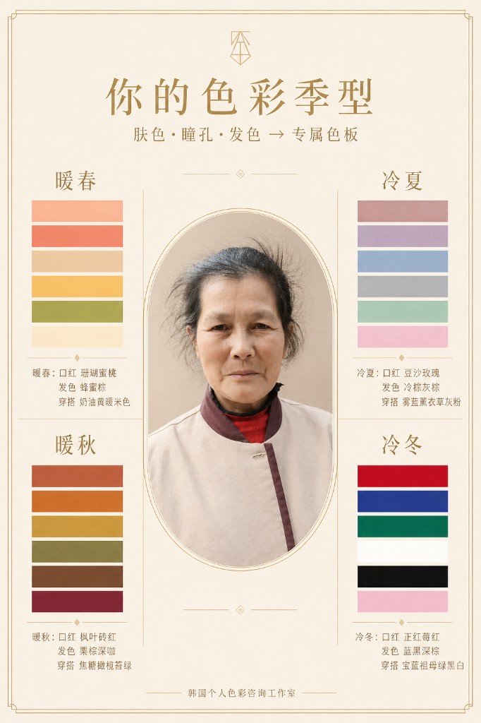 色彩季型画册页：暖春、暖秋、冷夏、冷冬配色。